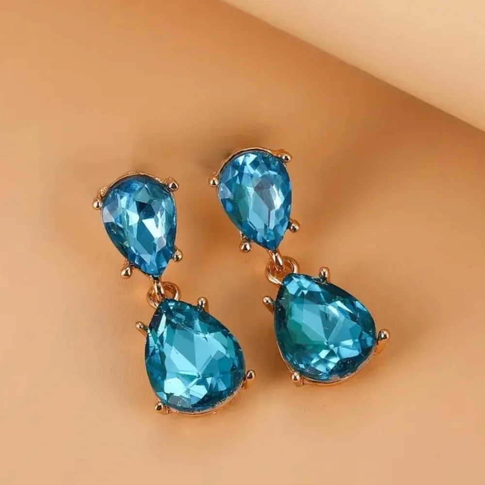 NEW Retro Style Teardrop Large Aquamarine Gold 18k Dangle Evening Drop Earrings